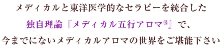 メディカルと東洋医学的なセラピーを統合した独自理論『メディカル五行アロマ®』で、今までにないメディカルアロマの世界をご堪能下さい。